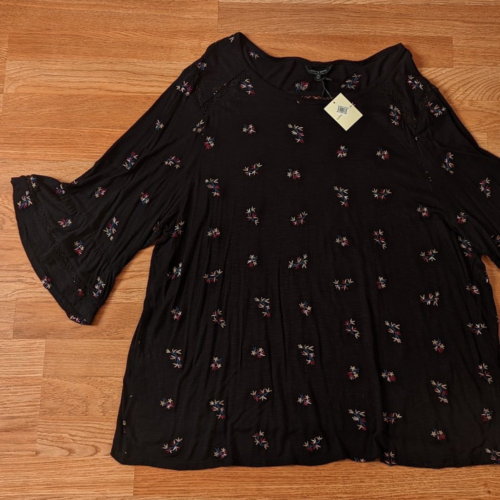 NWT Lucky Brand Women's Plus Size Embroidered Ruffle Sleeve Top Black 3XL NEW